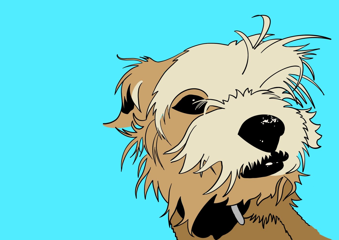 Digital illustration of a scruffy terrier against a bright blue background