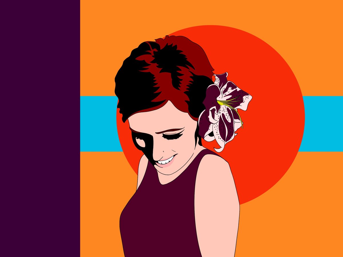 Digital illustration of a woman with a flower in her hair against orange and red circles