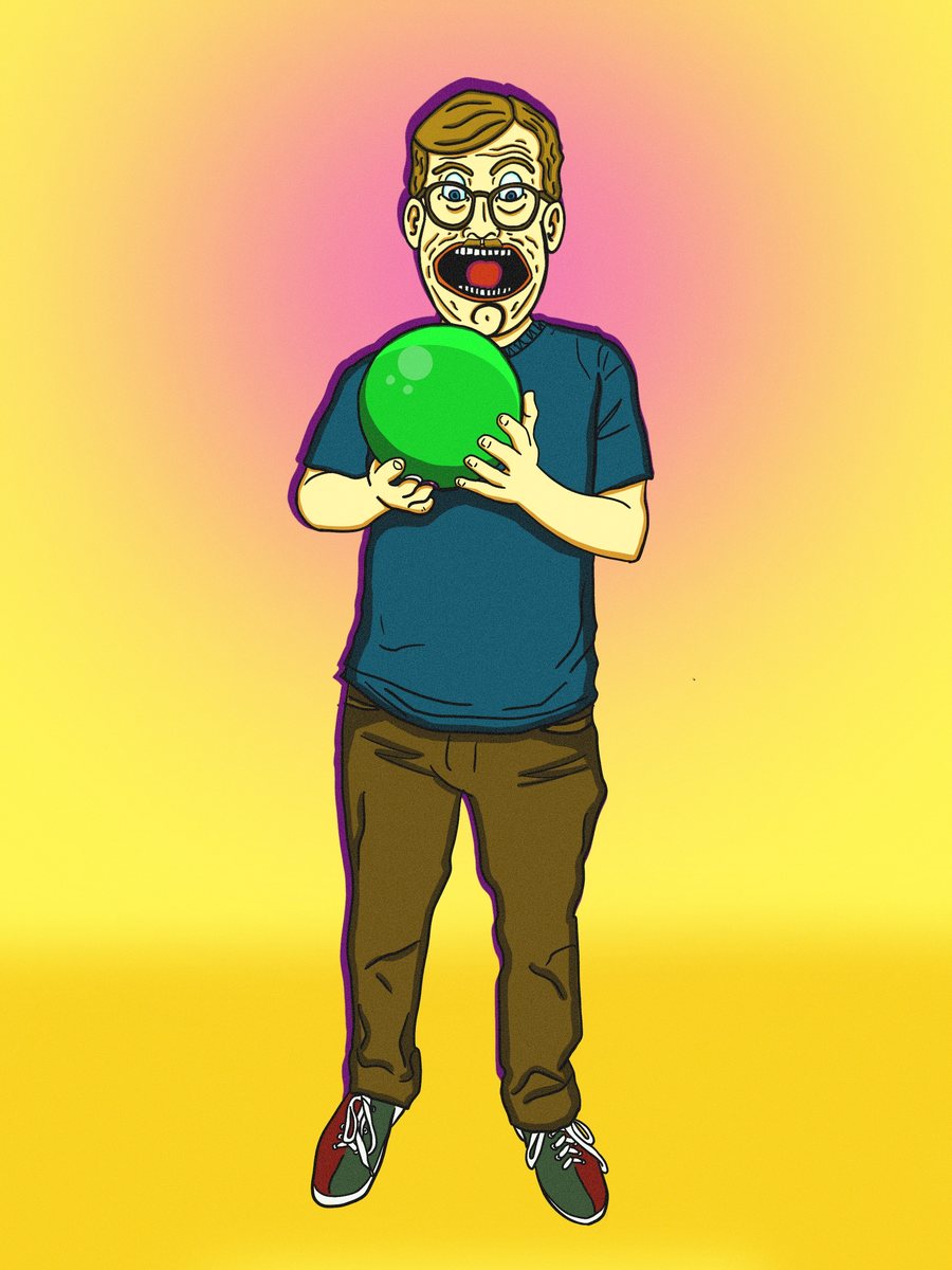 Digital illustration of a bearded man in glasses holding a green ball against a yellow gradient