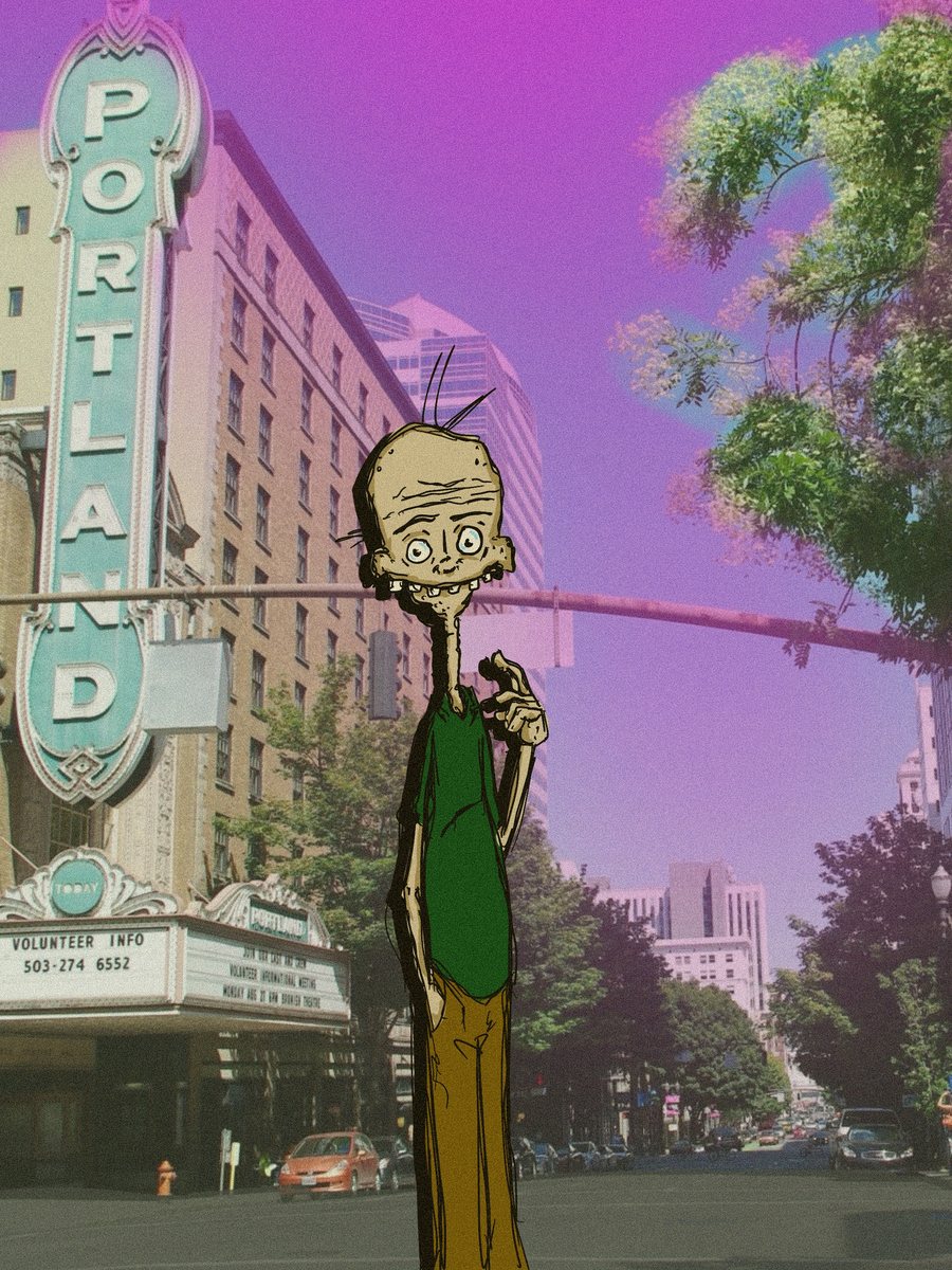 Digital illustration of a lanky figure on a Portland street beneath the Portland theater sign