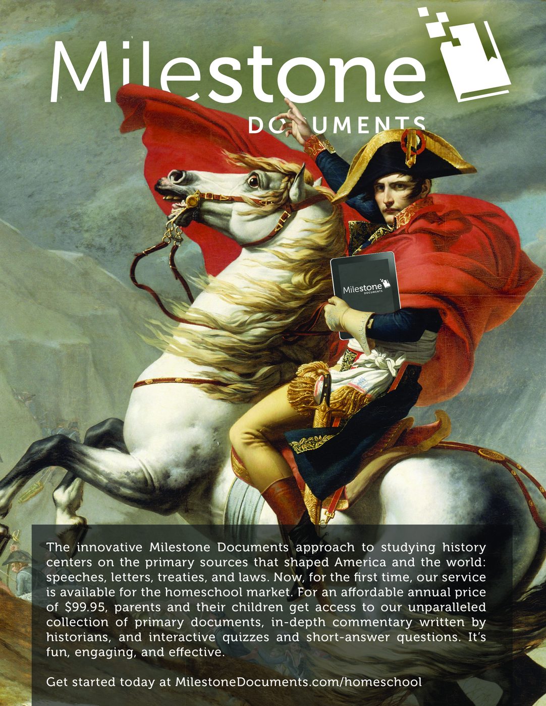 Napoleon crossing the Alps, holding a tablet